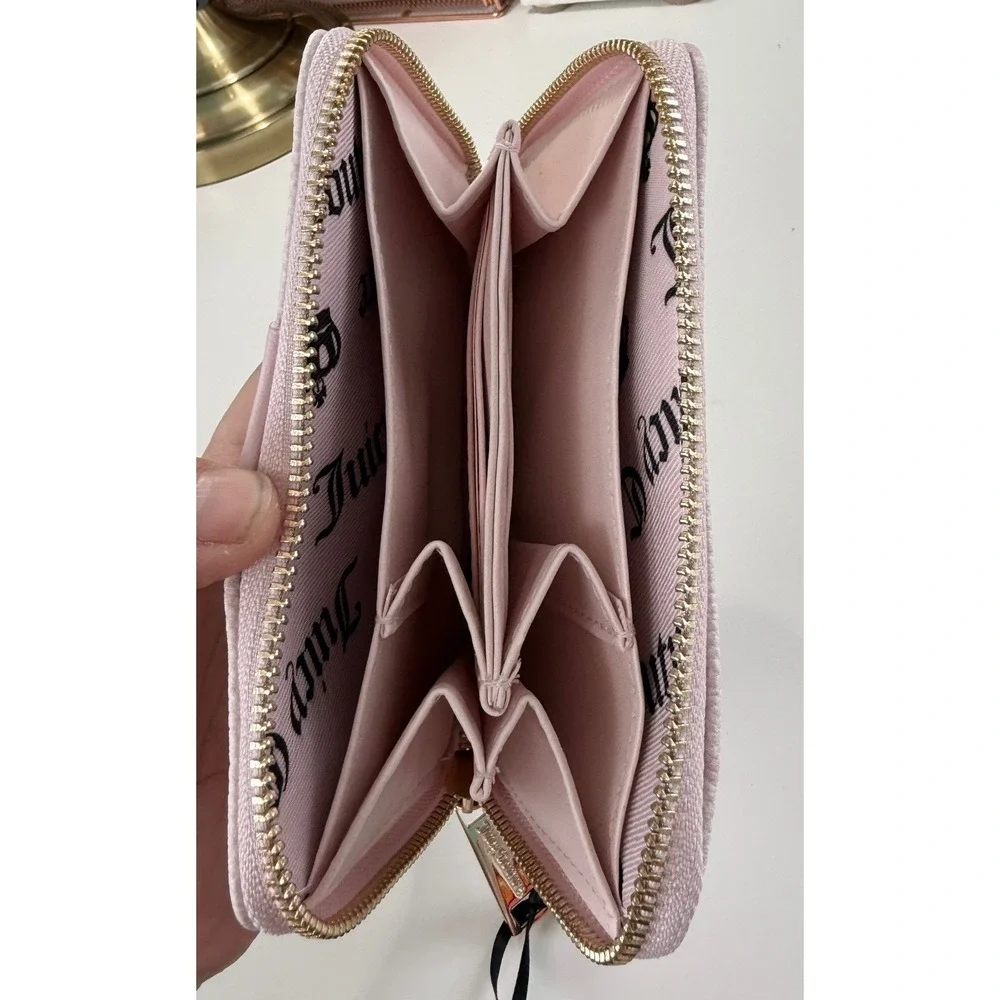 Juicy Couture Overstated Pink Gothic Logo Zip Around‎ Wallet Heart Charm NWT